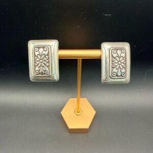 Vintage Signed Brighton Silver Plated  Engraved Rectangular Clip On Earrings